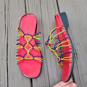 Vintage 90s y2k Rainbow Primary Elastic Strappy Caged Slingback Sandals 7